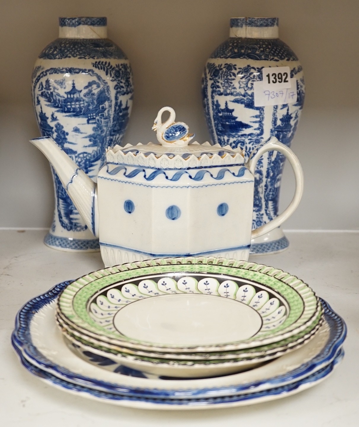 A pair of 19th century blue and white chinoiserie vases, a pearlware teapot, possibly Harley of Lane End, c.1805, three cream ware plates and two other plates, tallest 25cm
